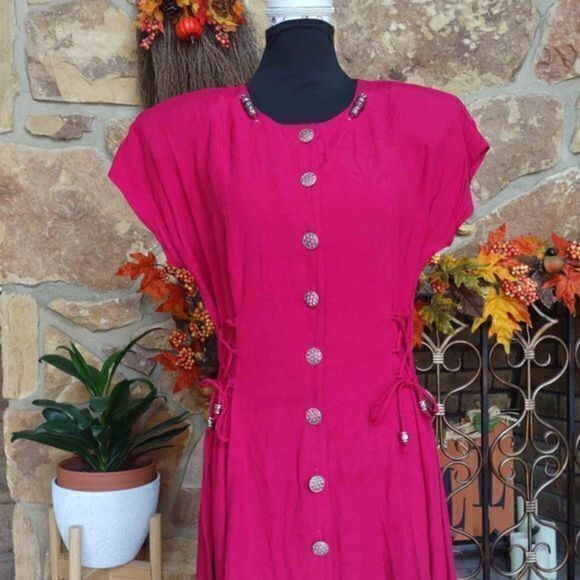 Vintage 1990s Scarlett Button Up Fusia Maxi with Silver Detail - See Measurement - Picture 2 of 16